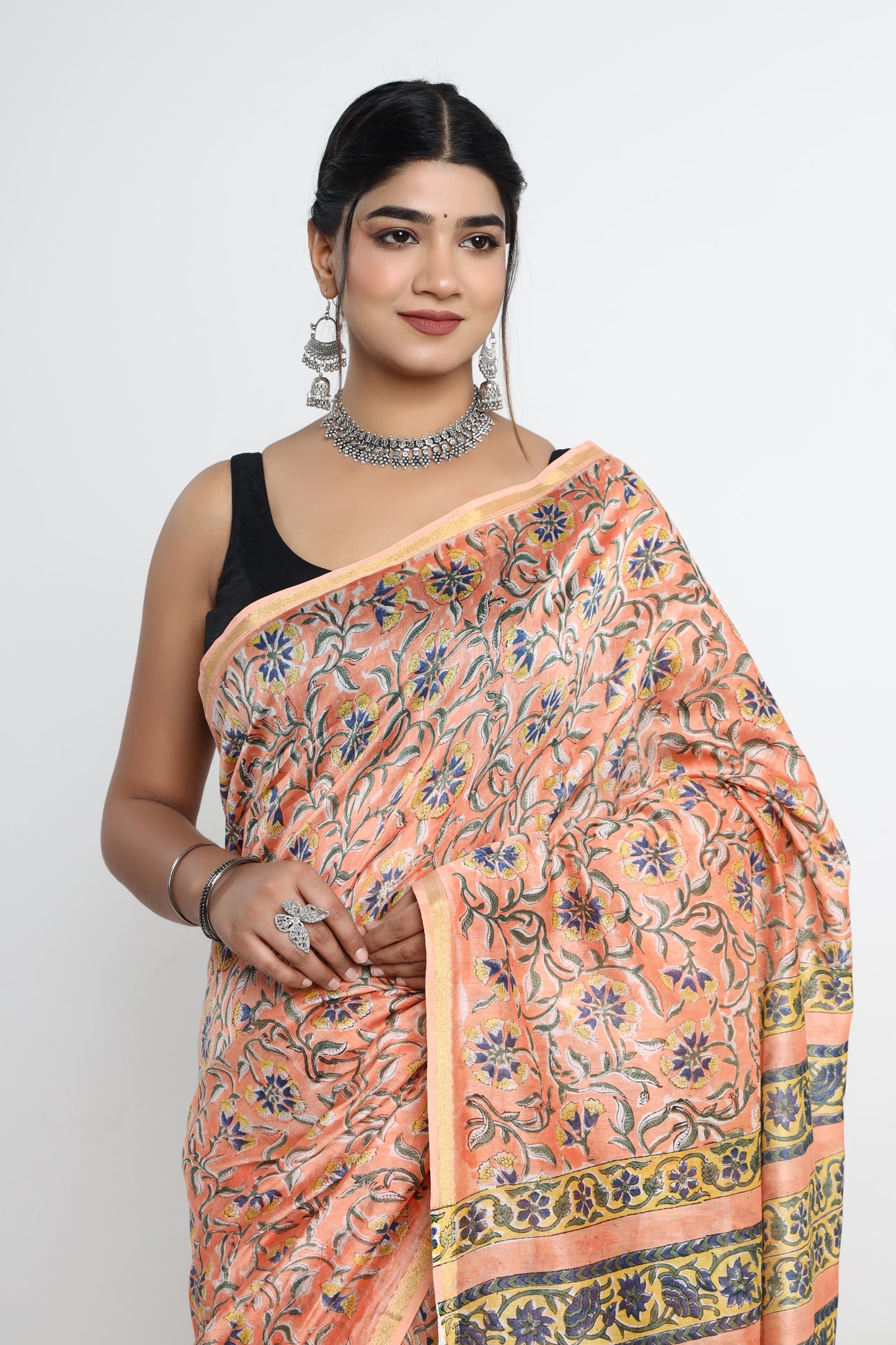 Chanderi Silk Hand Block Printed Saree with Blouse Piece