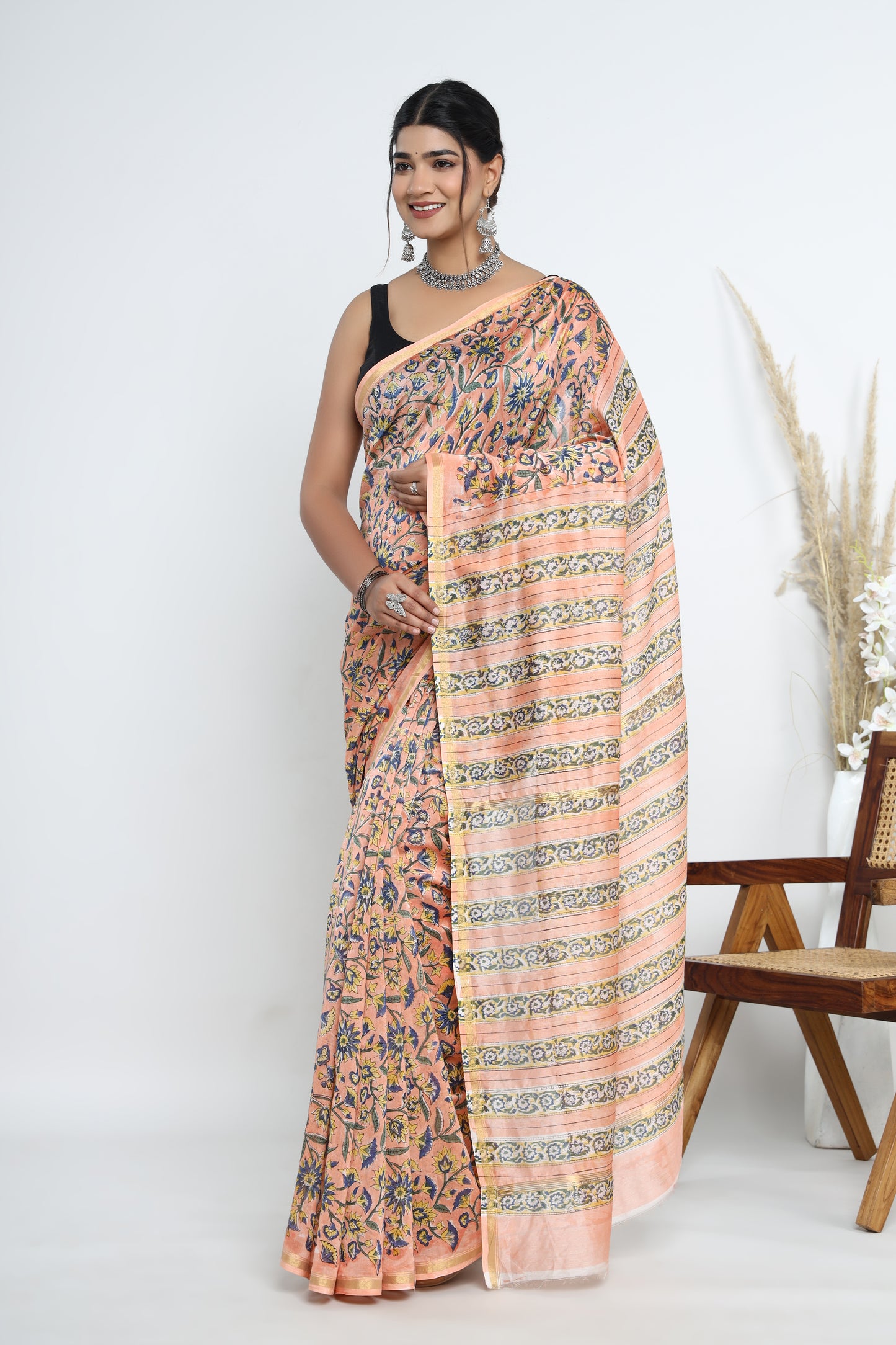 Chanderi Silk Hand Block Printed Saree with Blouse Piece