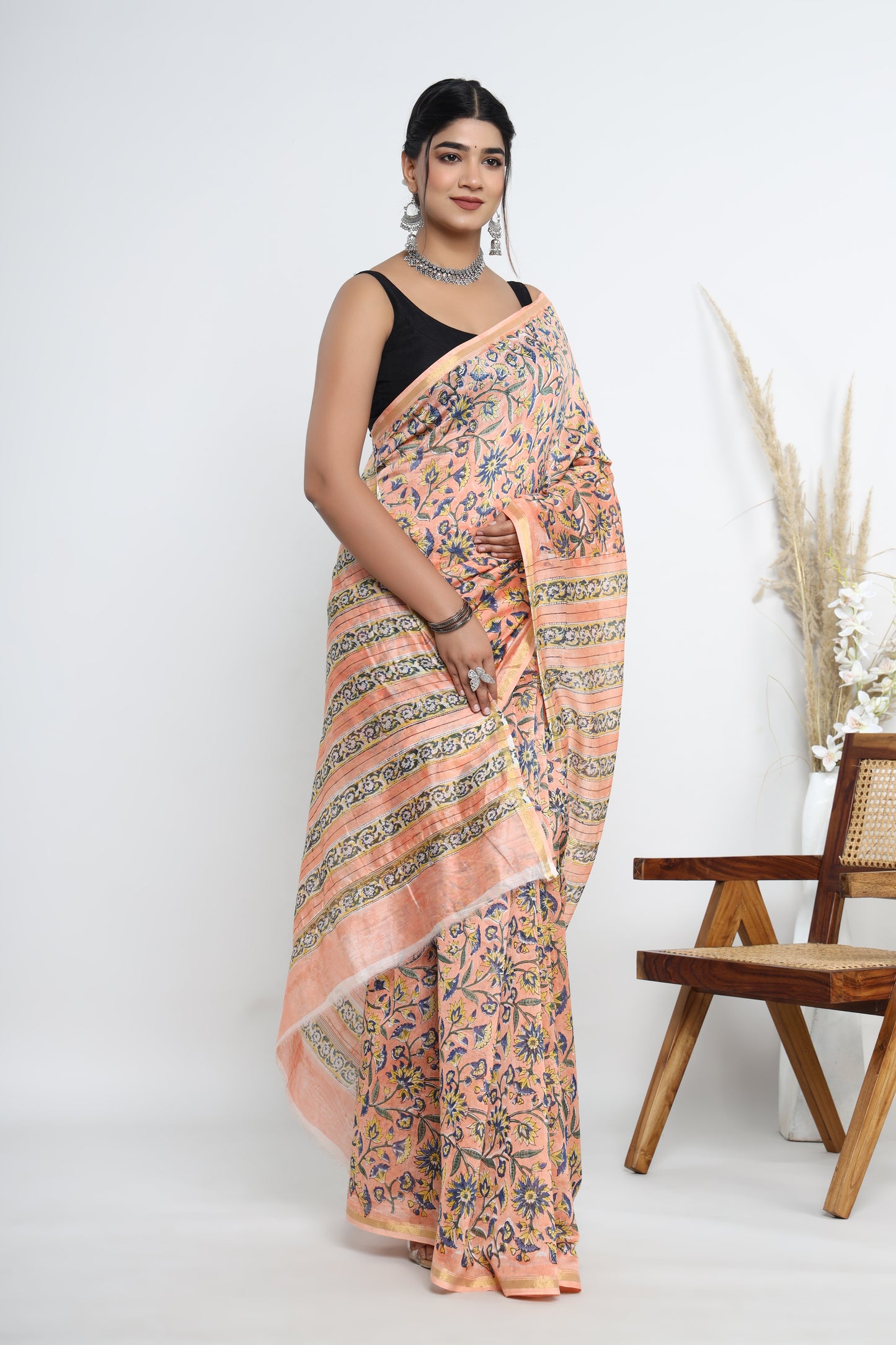 Chanderi Silk Hand Block Printed Saree with Blouse Piece