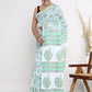 Hand Block Printed Green Floral Cotton Mulmul Saree with Blouse Piece