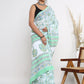 Hand Block Printed Green Floral Cotton Mulmul Saree with Blouse Piece
