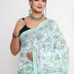 Hand Block Printed Green Floral Cotton Mulmul Saree with Blouse Piece