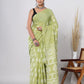 Hand Block Printed Green Floral Cotton Mulmul Saree with Blouse Piece