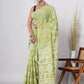 Hand Block Printed Green Floral Cotton Mulmul Saree with Blouse Piece