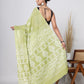 Hand Block Printed Green Floral Cotton Mulmul Saree with Blouse Piece