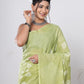 Hand Block Printed Green Floral Cotton Mulmul Saree with Blouse Piece