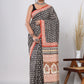 Hand Block Printed Green Floral Cotton Mulmul Saree with Blouse Piece
