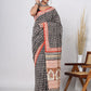 Hand Block Printed Green Floral Cotton Mulmul Saree with Blouse Piece