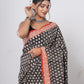 Hand Block Printed Green Floral Cotton Mulmul Saree with Blouse Piece