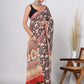 Hand Block Printed Green Floral Cotton Mulmul Saree with Blouse Piece