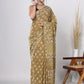 Hand Block Printed Green Floral Cotton Mulmul Saree with Blouse Piece