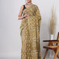 Hand Block Printed Green Floral Cotton Mulmul Saree with Blouse Piece