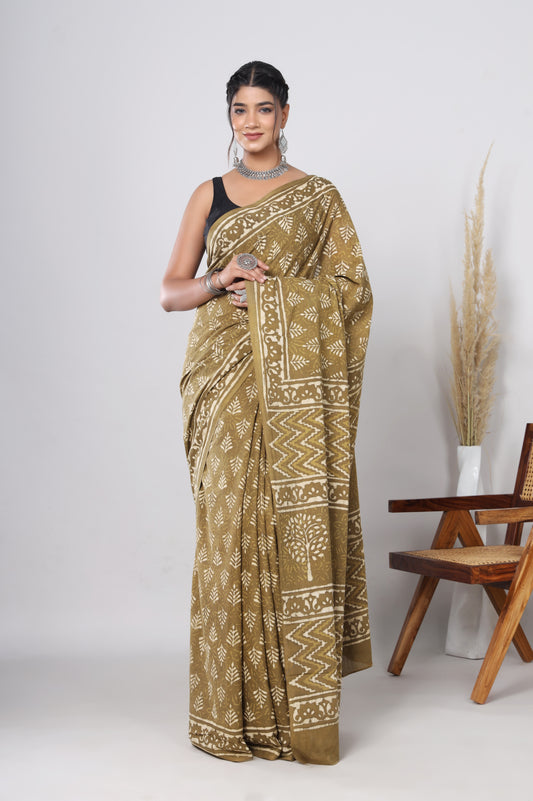 Hand Block Printed Green Floral Cotton Mulmul Saree with Blouse Piece