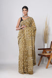 Hand Block Printed Green Floral Cotton Mulmul Saree with Blouse Piece