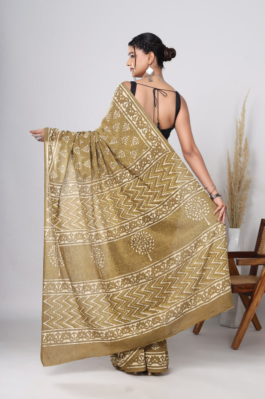 Hand Block Printed Green Floral Cotton Mulmul Saree with Blouse Piece
