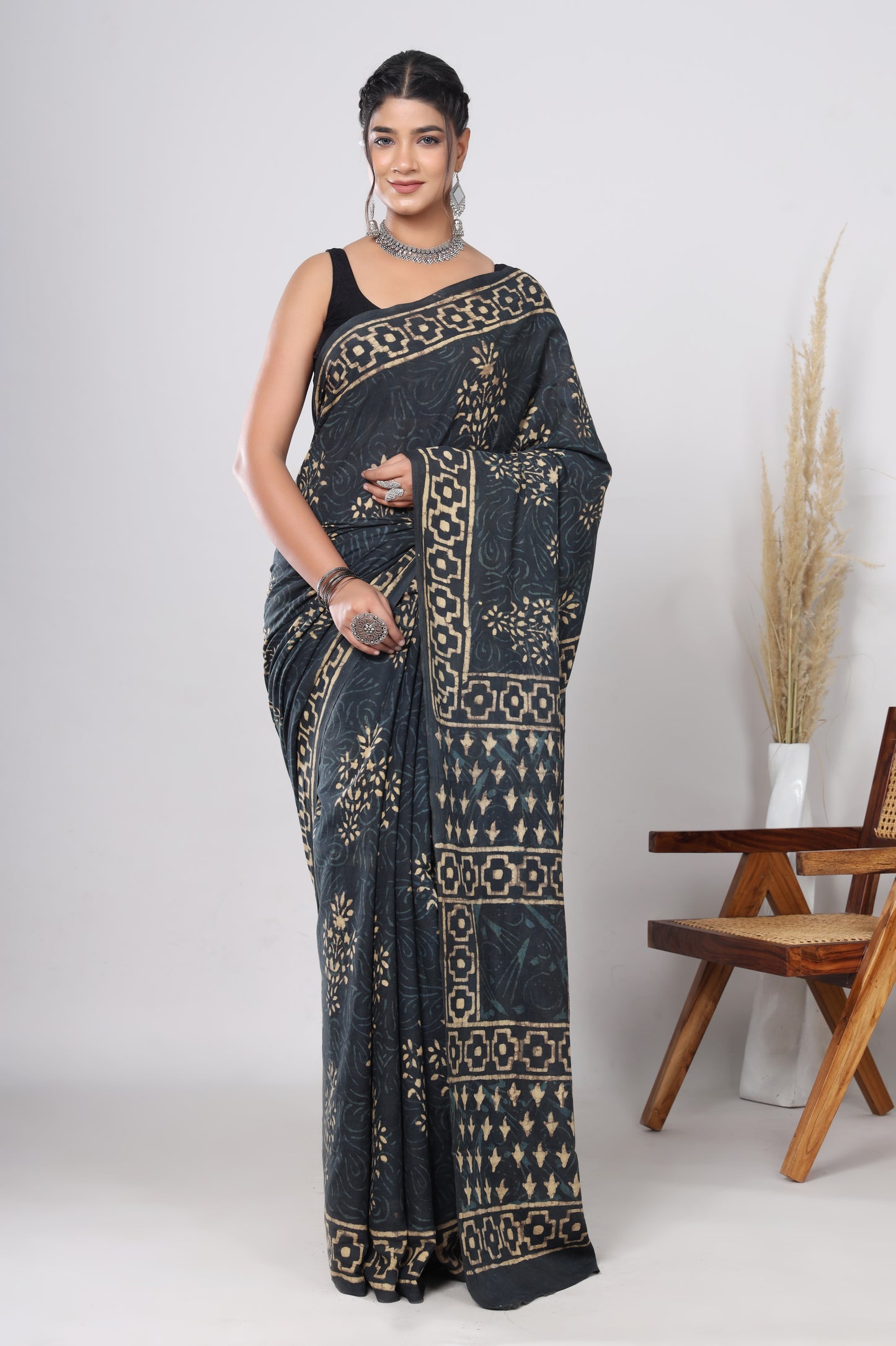 Hand Block Printed Green Floral Cotton Mulmul Saree with Blouse Piece