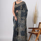 Hand Block Printed Green Floral Cotton Mulmul Saree with Blouse Piece
