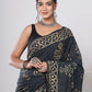 Hand Block Printed Green Floral Cotton Mulmul Saree with Blouse Piece