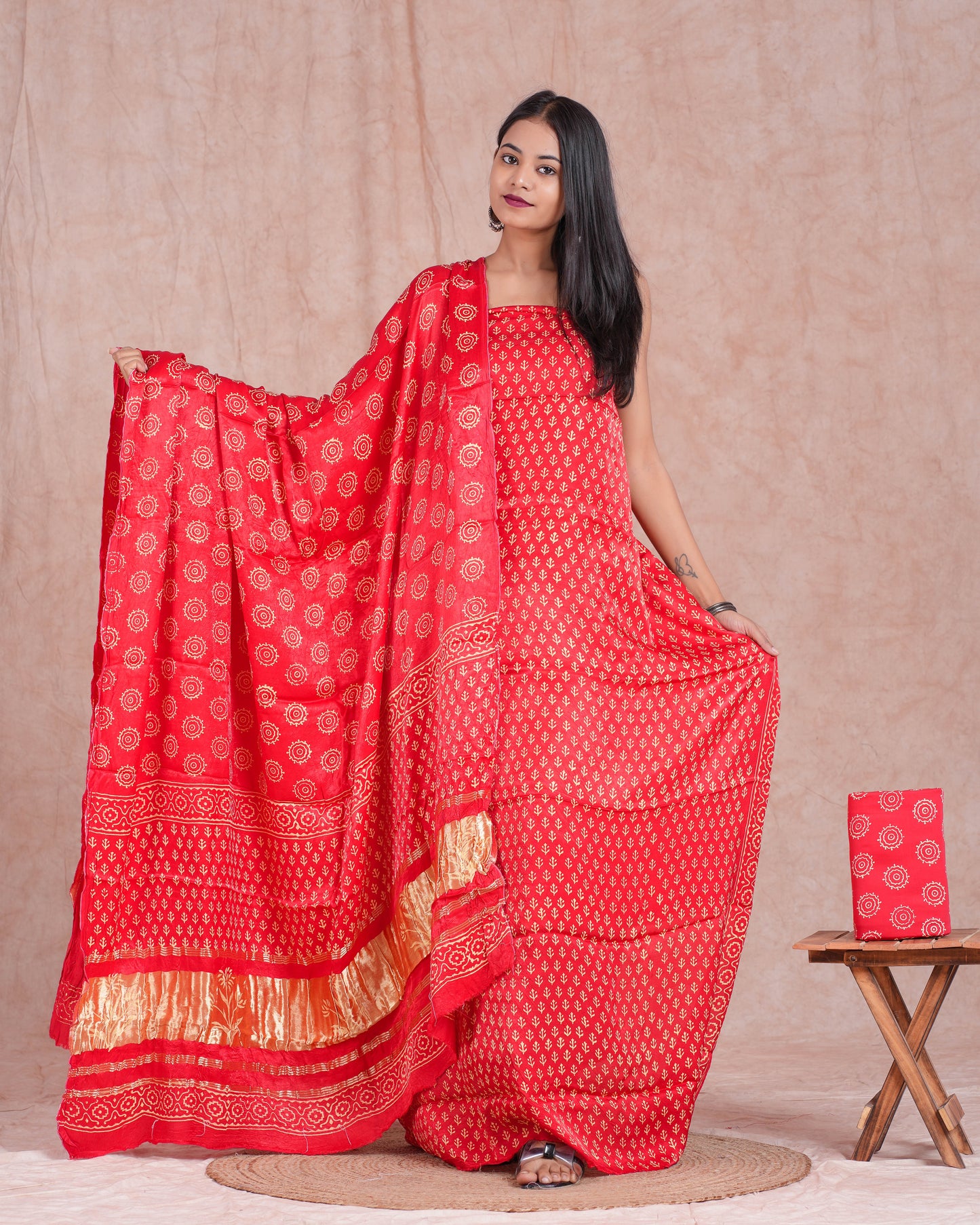 Hand Block Printed Modal Silk Suit with Modal Silk Lagdi Patta Dupatta