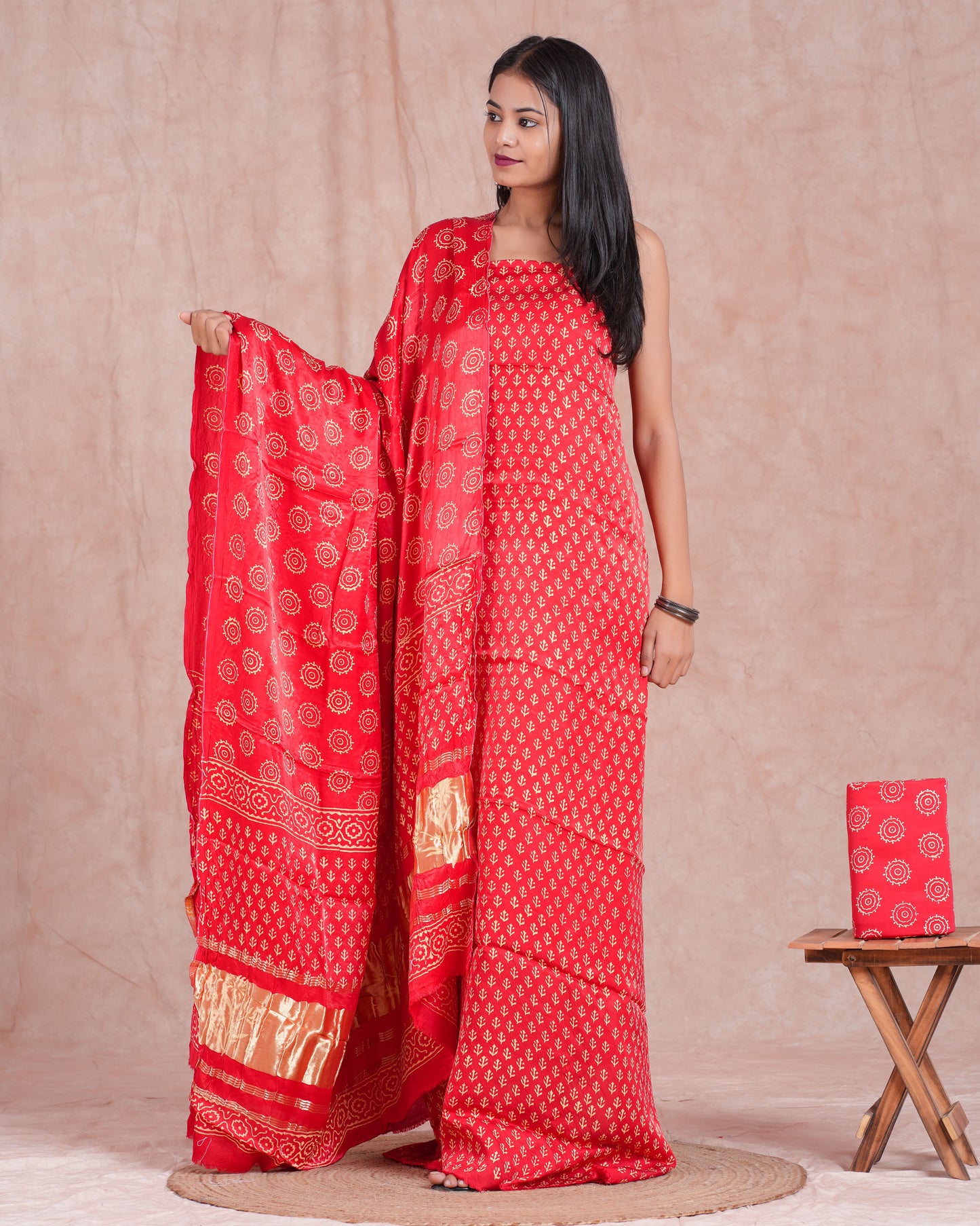 Hand Block Printed Modal Silk Suit with Modal Silk Lagdi Patta Dupatta