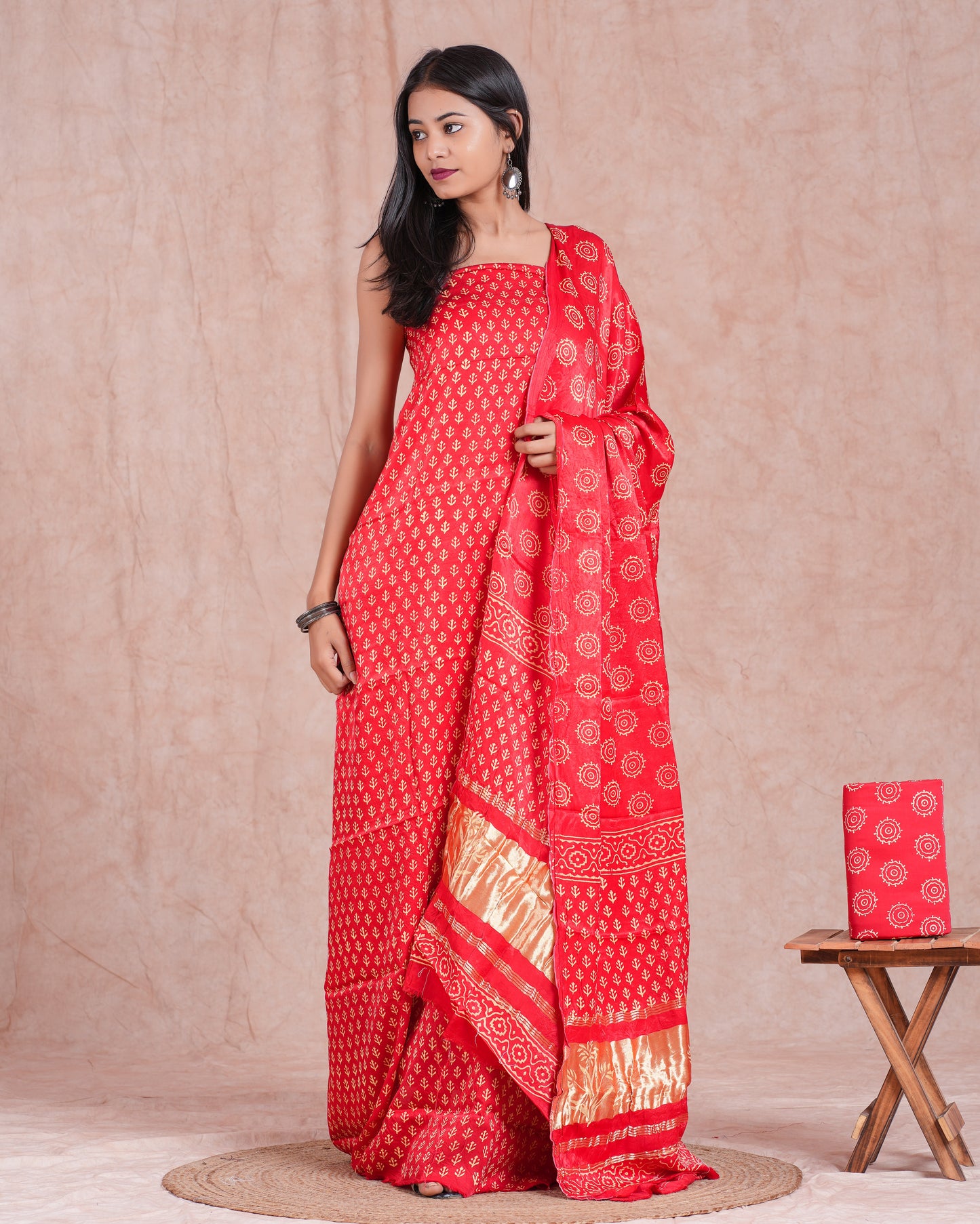 Hand Block Printed Modal Silk Suit with Modal Silk Lagdi Patta Dupatta