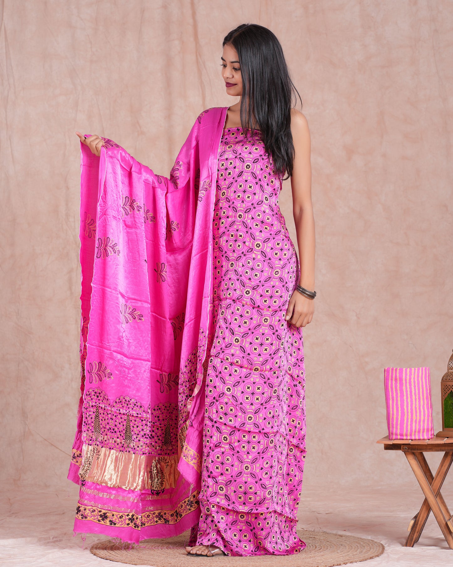 Hand Block Printed Modal Silk Suit with Modal Silk Lagdi Patta Dupatta