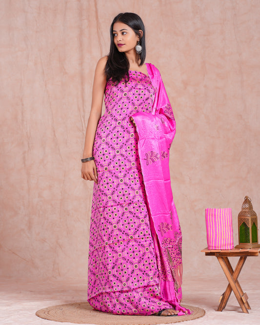 Hand Block Printed Modal Silk Suit with Modal Silk Lagdi Patta Dupatta