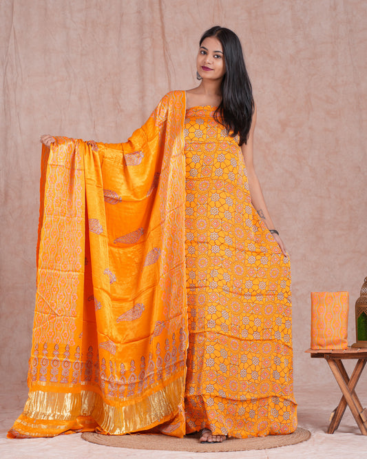 Hand Block Printed Modal Silk Suit with Modal Silk Lagdi Patta Dupatta