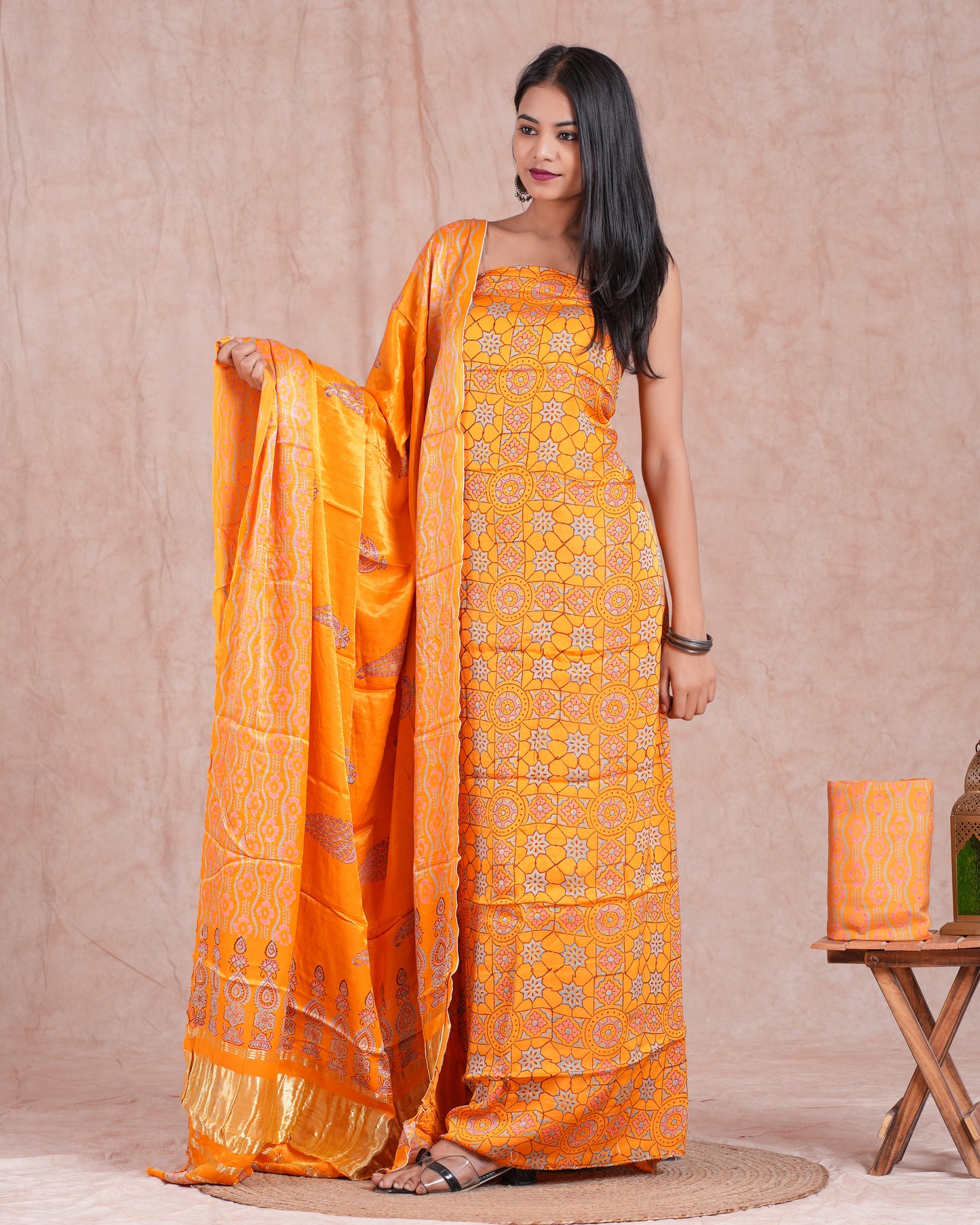 Hand Block Printed Modal Silk Suit with Modal Silk Lagdi Patta Dupatta