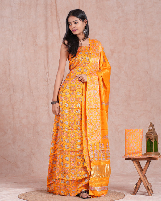 Hand Block Printed Modal Silk Suit with Modal Silk Lagdi Patta Dupatta