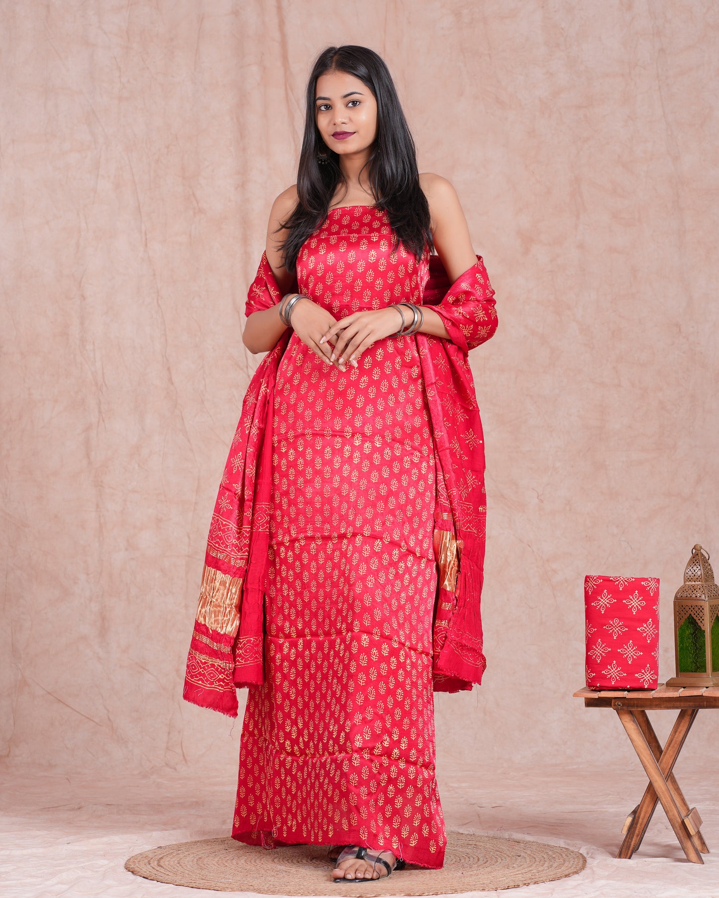 Hand Block Printed Modal Silk Suit with Modal Silk Lagdi Patta Dupatta