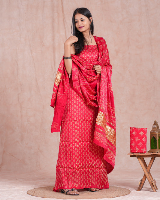 Hand Block Printed Modal Silk Suit with Modal Silk Lagdi Patta Dupatta