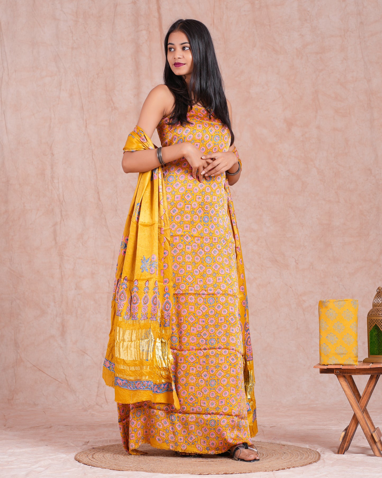 Hand Block Printed Modal Silk Suit with Modal Silk Lagdi Patta Dupatta