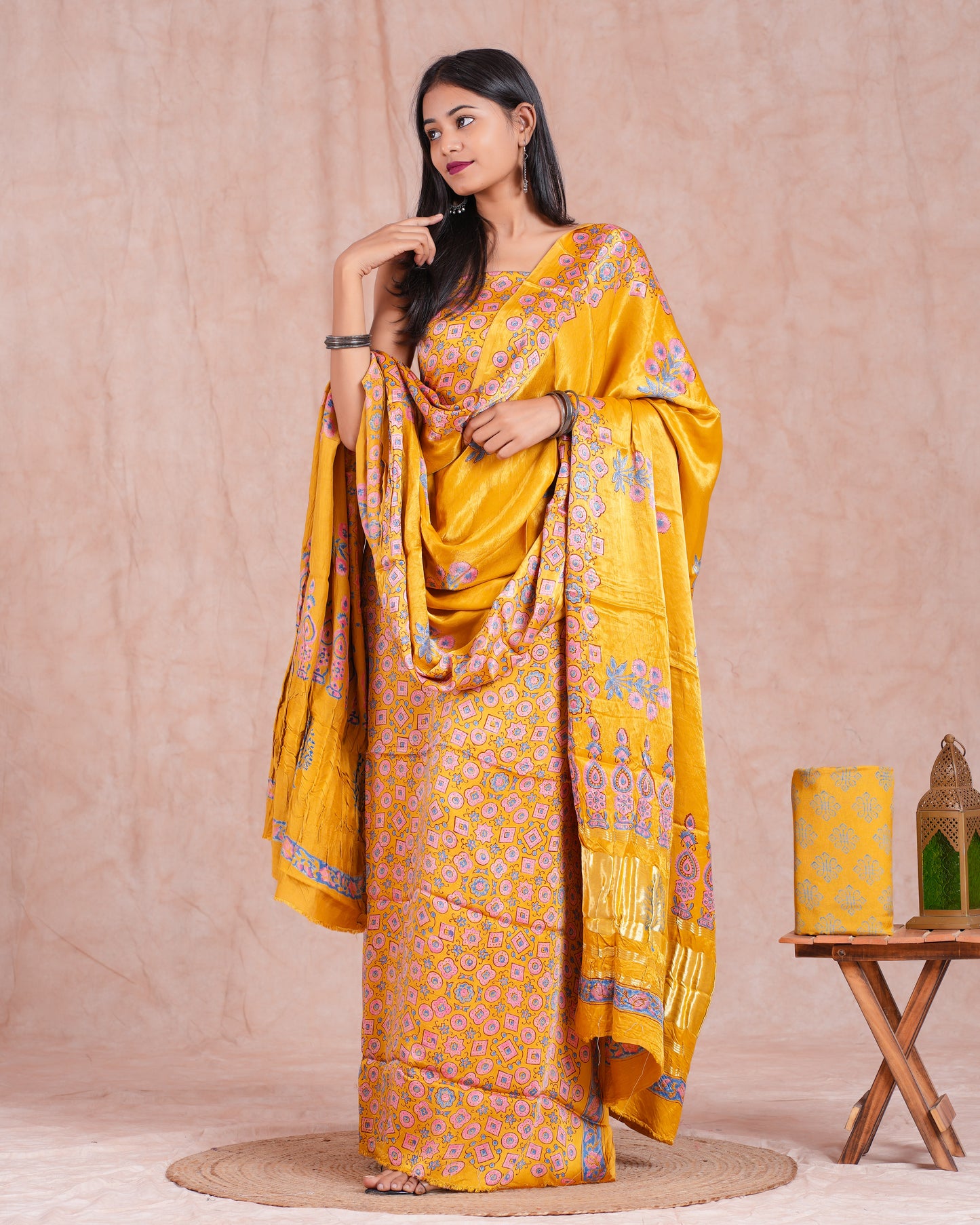 Hand Block Printed Modal Silk Suit with Modal Silk Lagdi Patta Dupatta