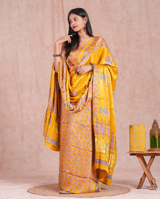 Hand Block Printed Modal Silk Suit with Modal Silk Lagdi Patta Dupatta