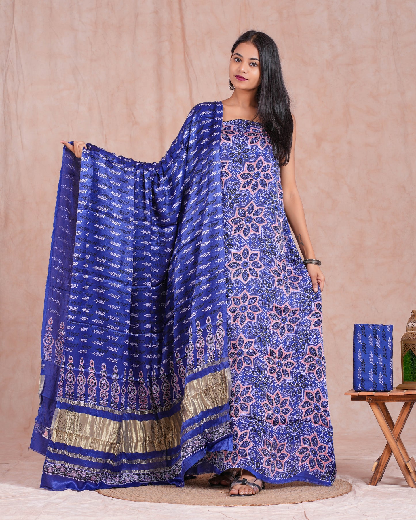 Hand Block Printed Modal Silk Suit with Modal Silk Lagdi Patta Dupatta