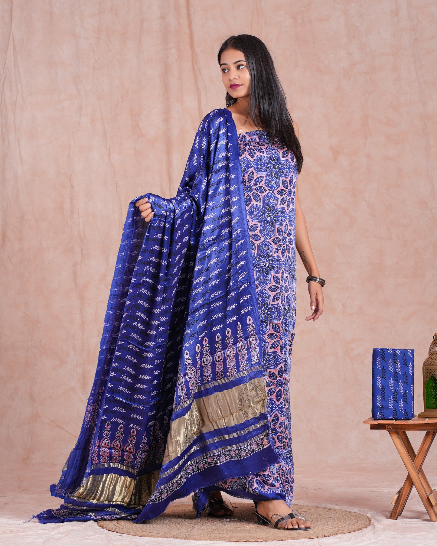Hand Block Printed Modal Silk Suit with Modal Silk Lagdi Patta Dupatta