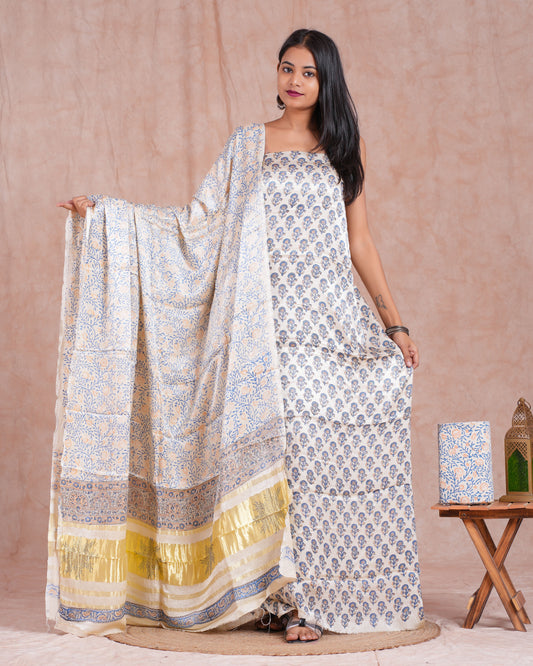 Hand Block Printed Modal Silk Suit with Modal Silk Lagdi Patta Dupatta