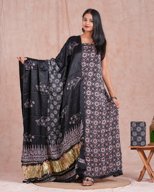 Hand Block Printed Modal Silk Suit with Modal Silk Lagdi Patta Dupatta