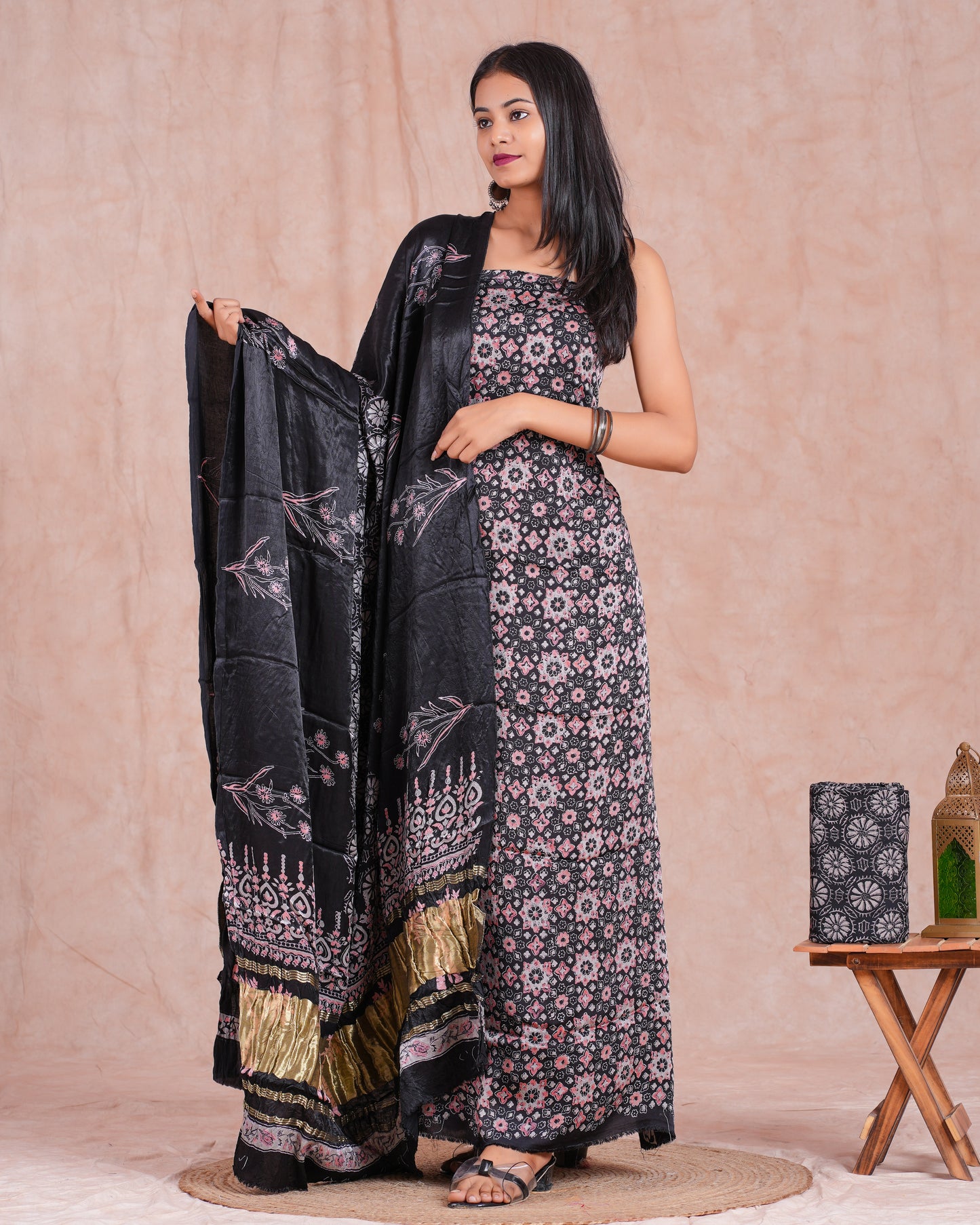 Hand Block Printed Modal Silk Suit with Modal Silk Lagdi Patta Dupatta