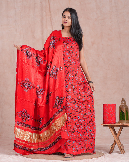Hand Block Printed Modal Silk Suit with Modal Silk Lagdi Patta Dupatta