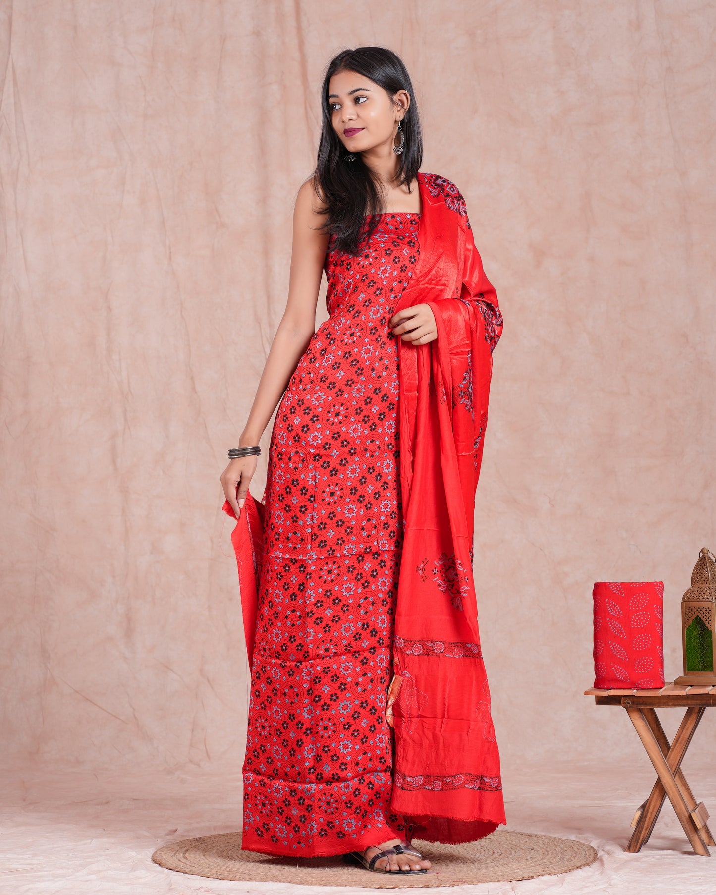 Hand Block Printed Modal Silk Suit with Modal Silk Lagdi Patta Dupatta