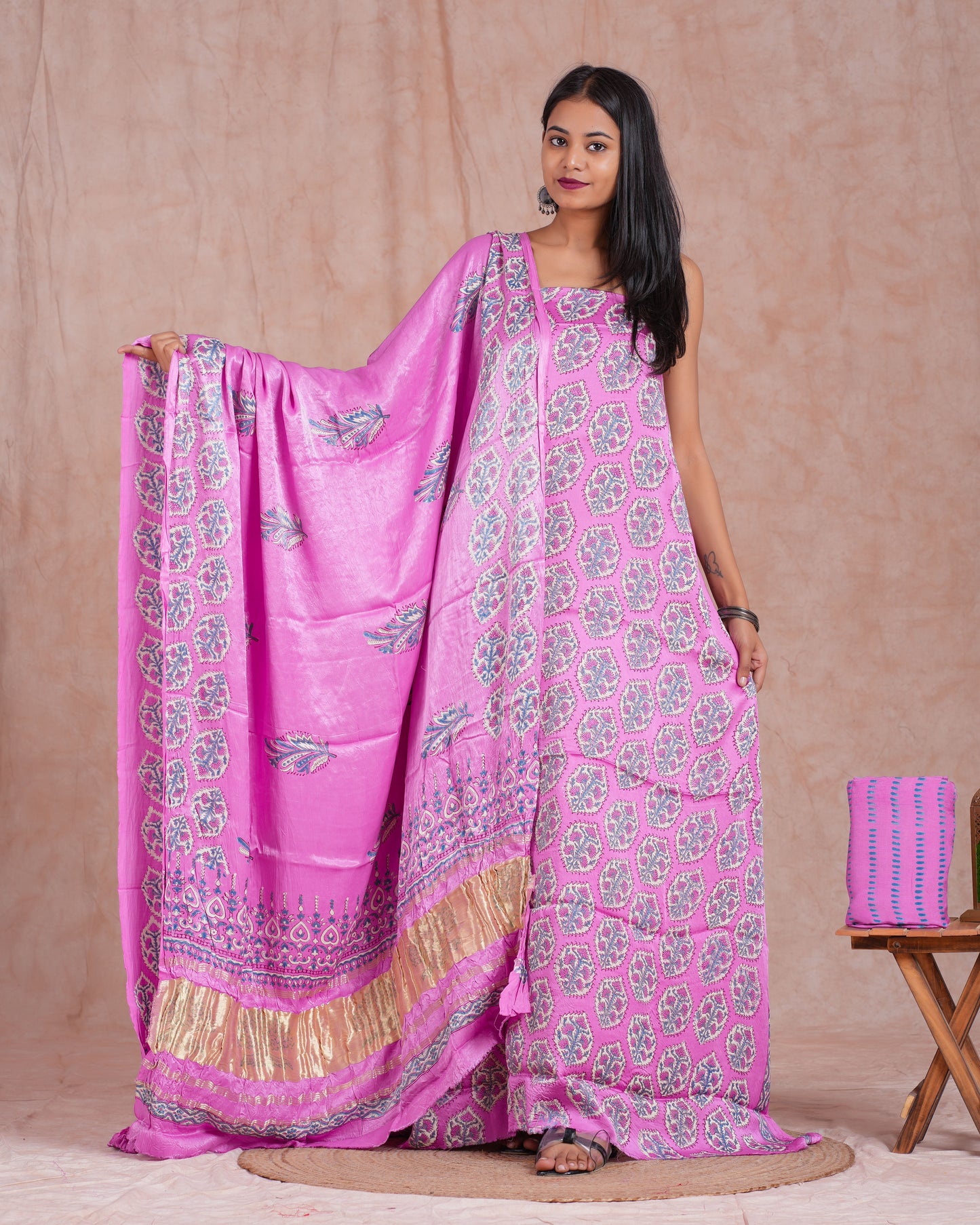 Hand Block Printed Modal Silk Suit with Modal Silk Lagdi Patta Dupatta