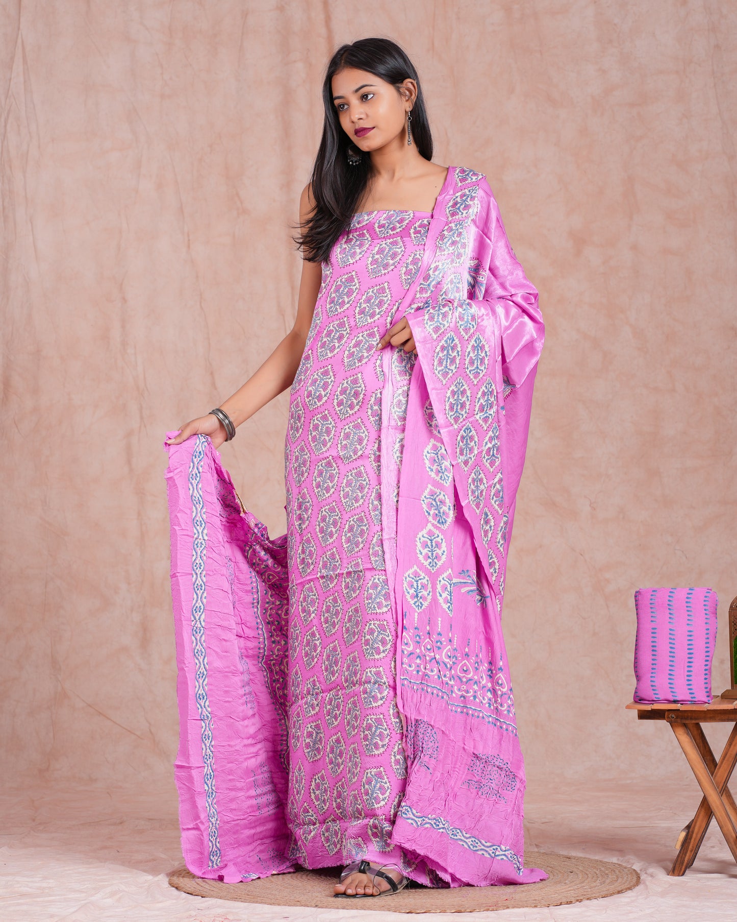 Hand Block Printed Modal Silk Suit with Modal Silk Lagdi Patta Dupatta