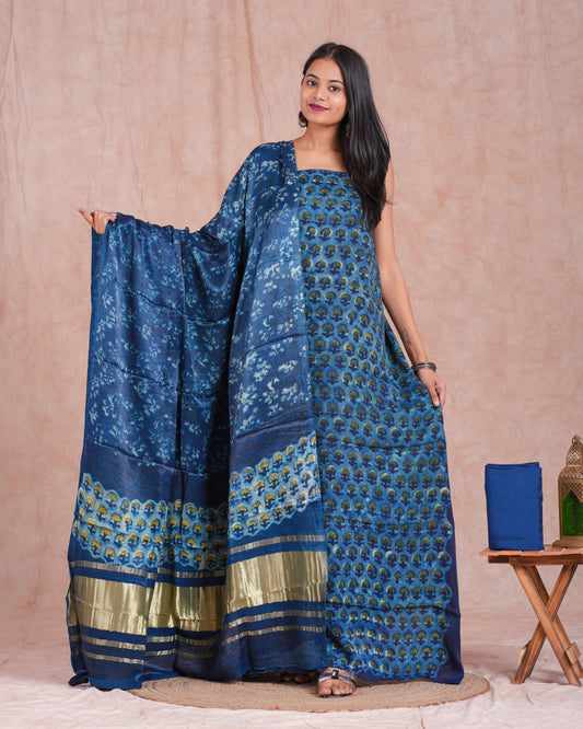 Vanaspati Ajrakh Hand Block Printed Modal Silk Suit with Modal Silk Lagdi Patta Dupatta