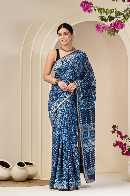 Chanderi Silk Hand Block Printed Saree with Blouse Piece