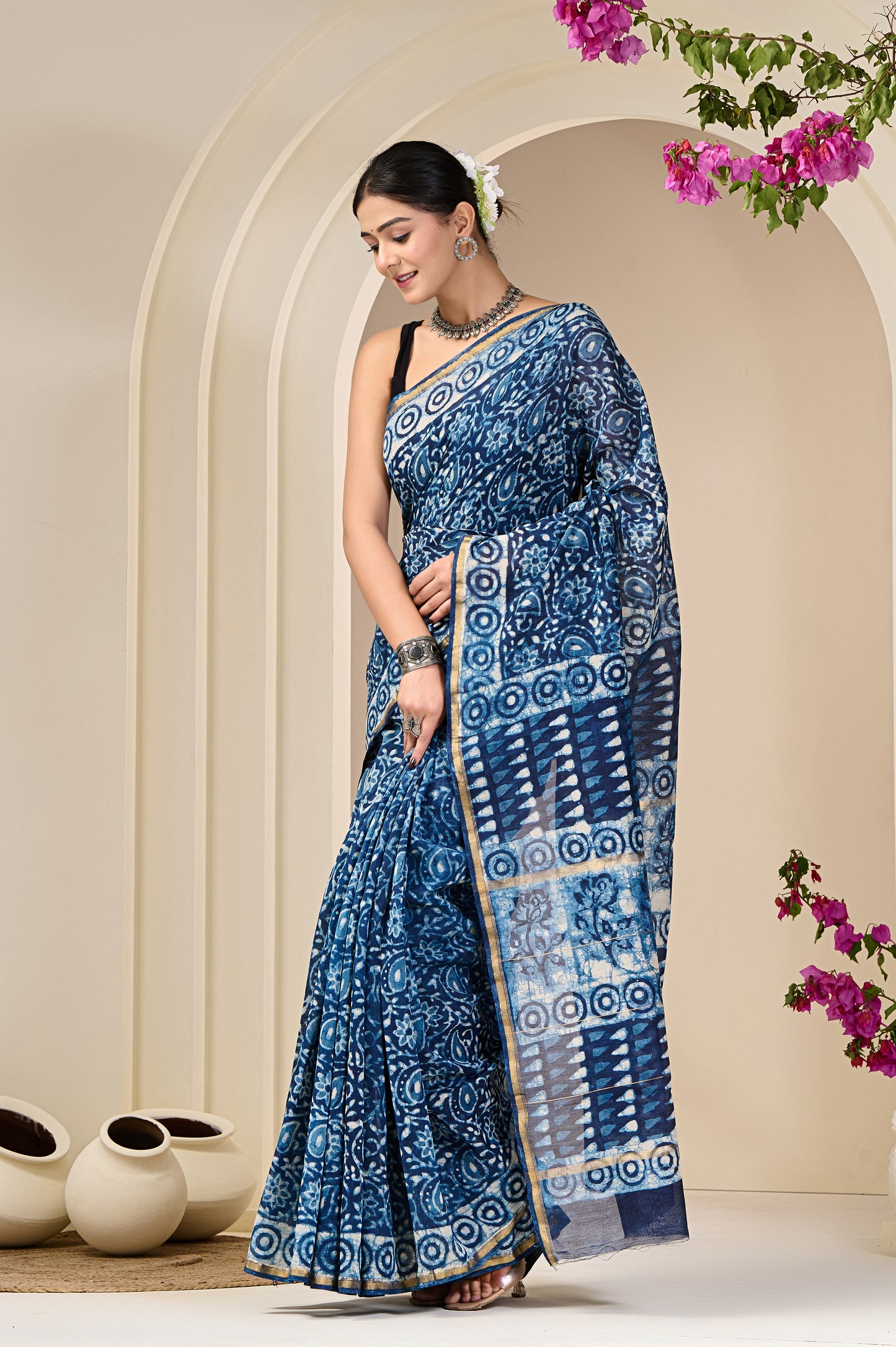 Chanderi Silk Hand Block Printed Saree with Blouse Piece