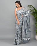 (SALE) Hand Block Printed  Floral Cotton Mulmul Saree with Blouse Piece