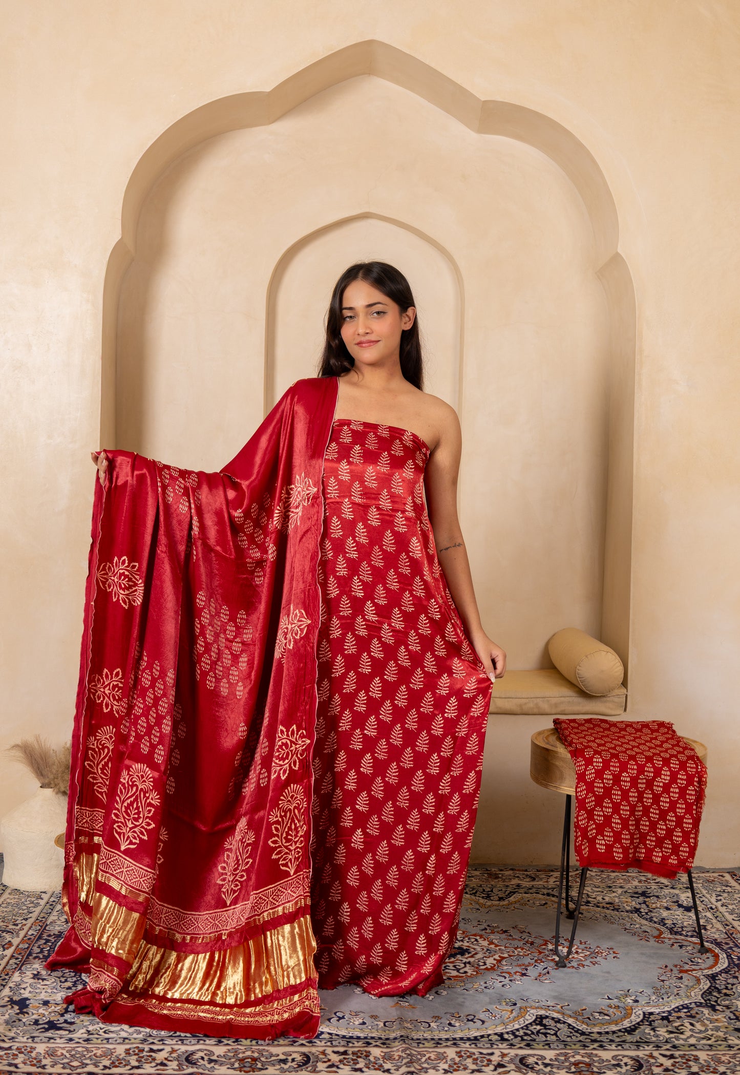 Hand Block Printed Modal Silk Suit with Modal Silk Lagdi Patta Dupatta