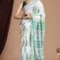 Hand Block Printed Green Floral Cotton Mulmul Saree with Blouse Piece